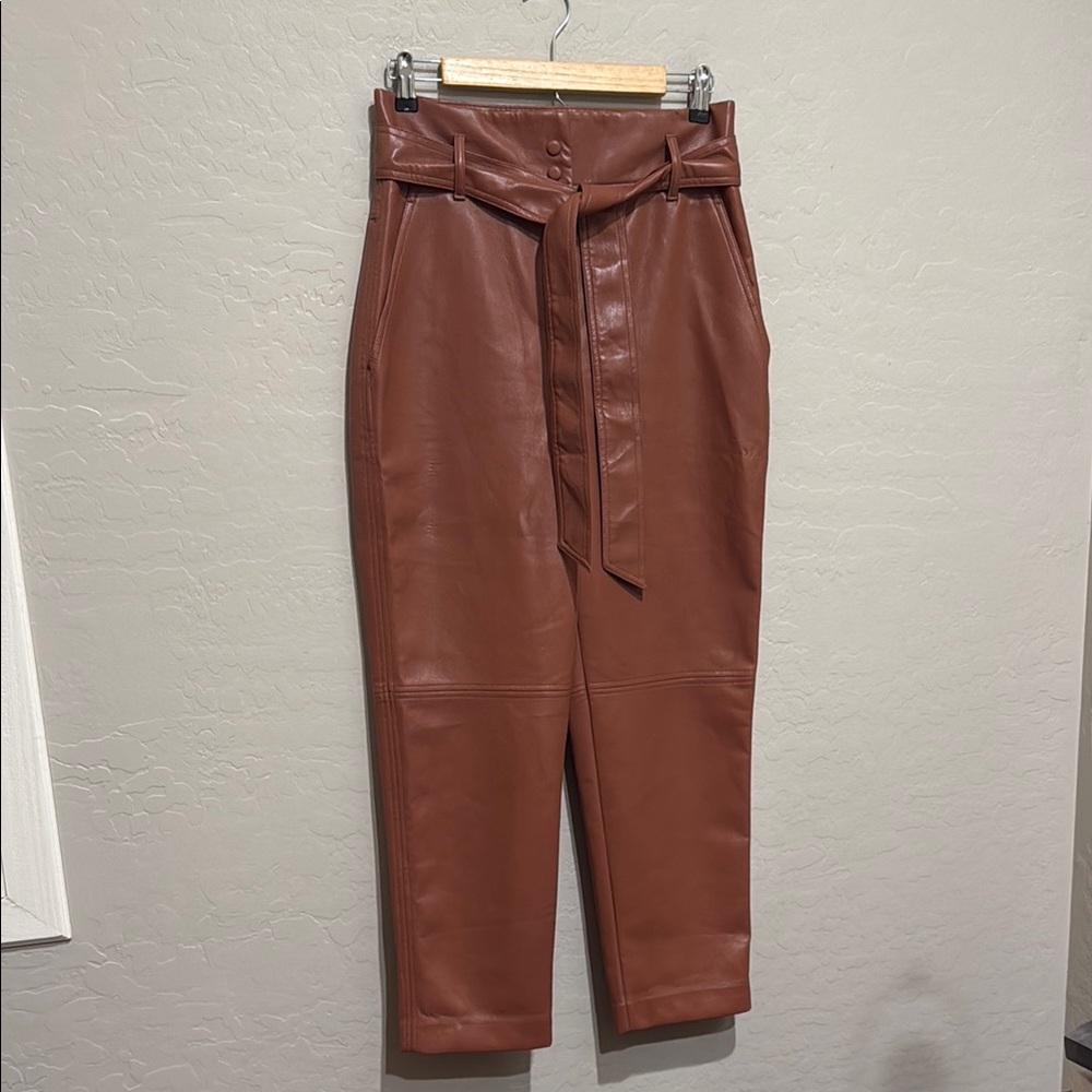 Aritzia Wilfred Faux Leather Pants High-Waisted with Tie, Cinnamon Brown, Sz 8